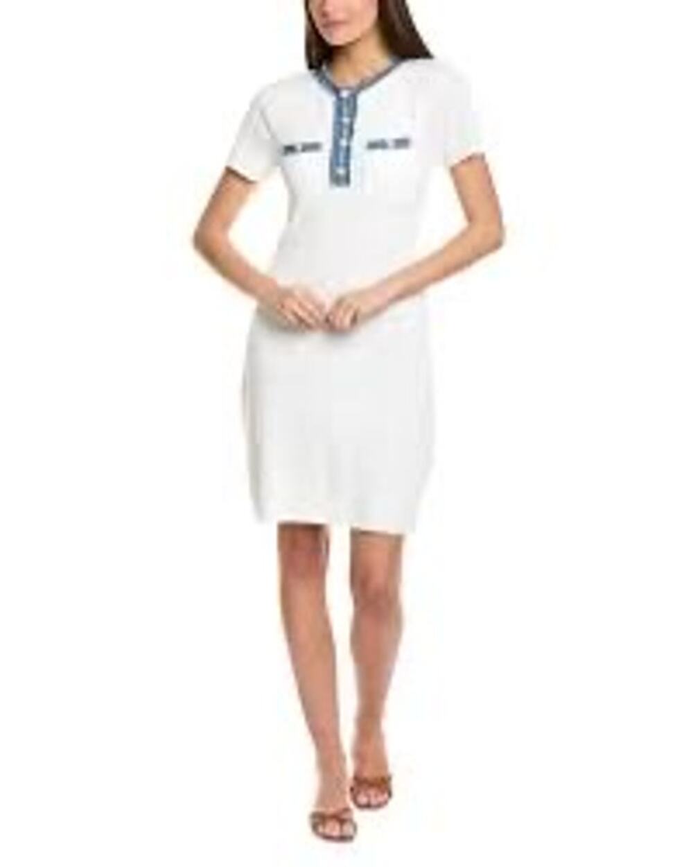 Nanette Lepore Ribbed T-Shirt Dress White Denim Pearls Sz M